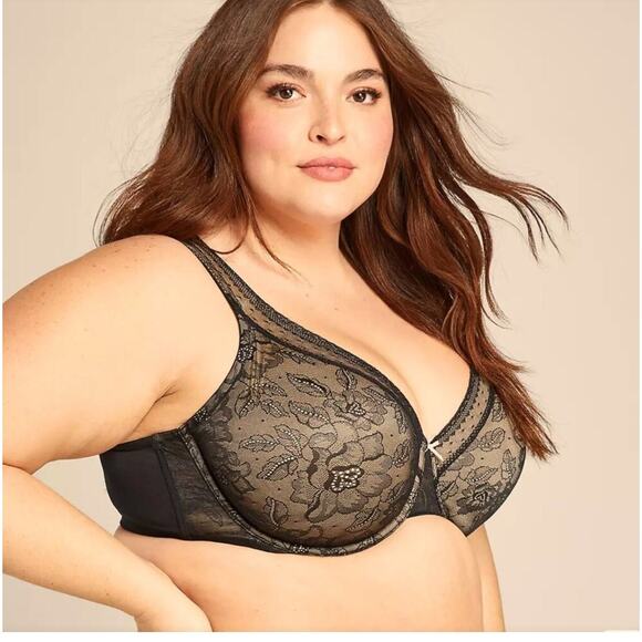 Cacique Bra Size 44D Balconette Modern Lace Covered Lightly Lined Black - Picture 2 of 6